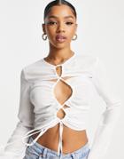 Asos Design Long Sleeve Top With Ruched Keyhole Detail In White