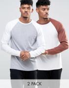 Asos 2 Pack Long Sleeve Muscle Fit T-shirt With Contrast Raglan Sleeves Save - Multi