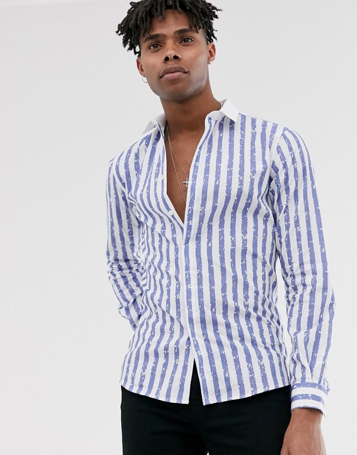 Twisted Tailor Super Skinny Fit Shirt In Textured Stripe-blue