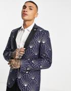 Twisted Tailor Suit Jacket In Navy With Silver Foil Geometric Print