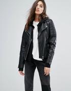 Goosecraft Rib Detail Leather Biker Jacket - Black