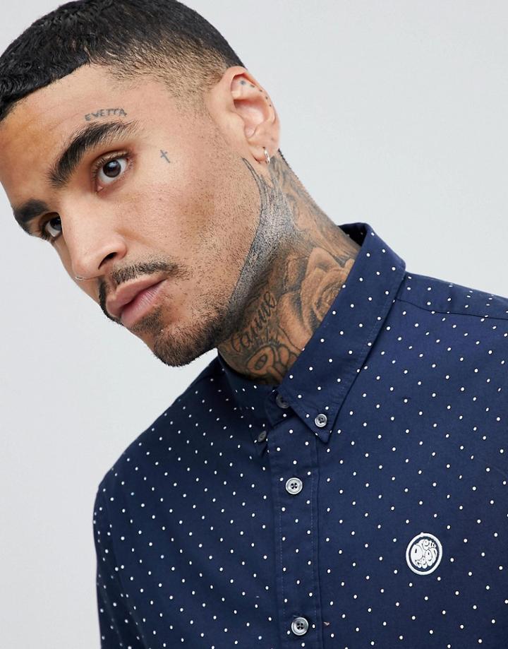 Pretty Green Horlock Polka Dot Slim Fit Shirt In Navy - Navy