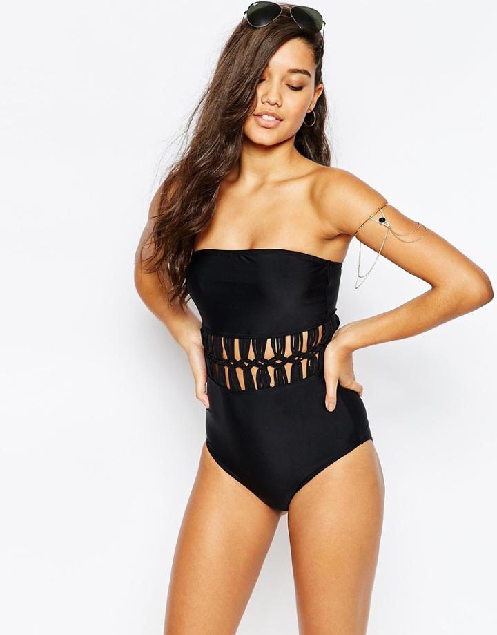 Missguided Swimsuit With Macrame Waist Detail - Black
