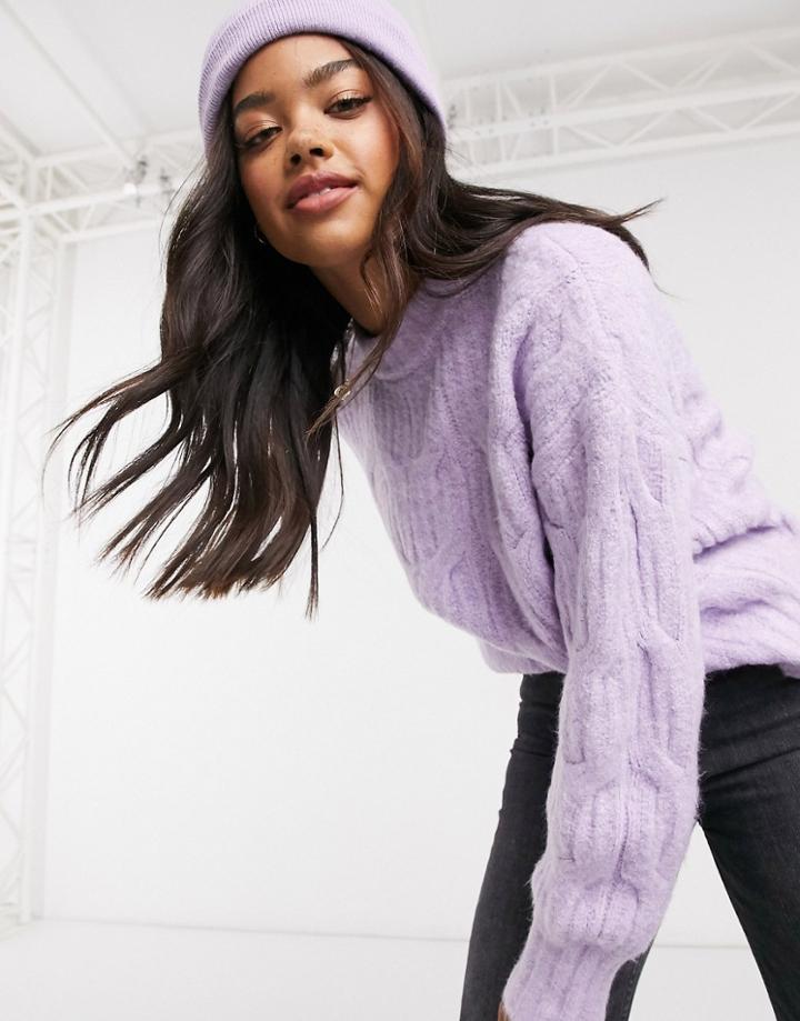 Urban Bliss Balloon Sleeve Cable Knit Sweater In Purple