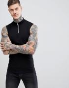 Asos Design Muscle Fit Sleeveless T-shirt With Zip Turtleneck In Black - Black