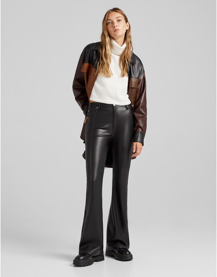 Bershka Flare Faux Leather Pant In Black