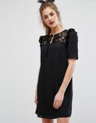 Fashion Union Short Sleeve Dress With Lace Panel And Tie Up Bow Neck - Black