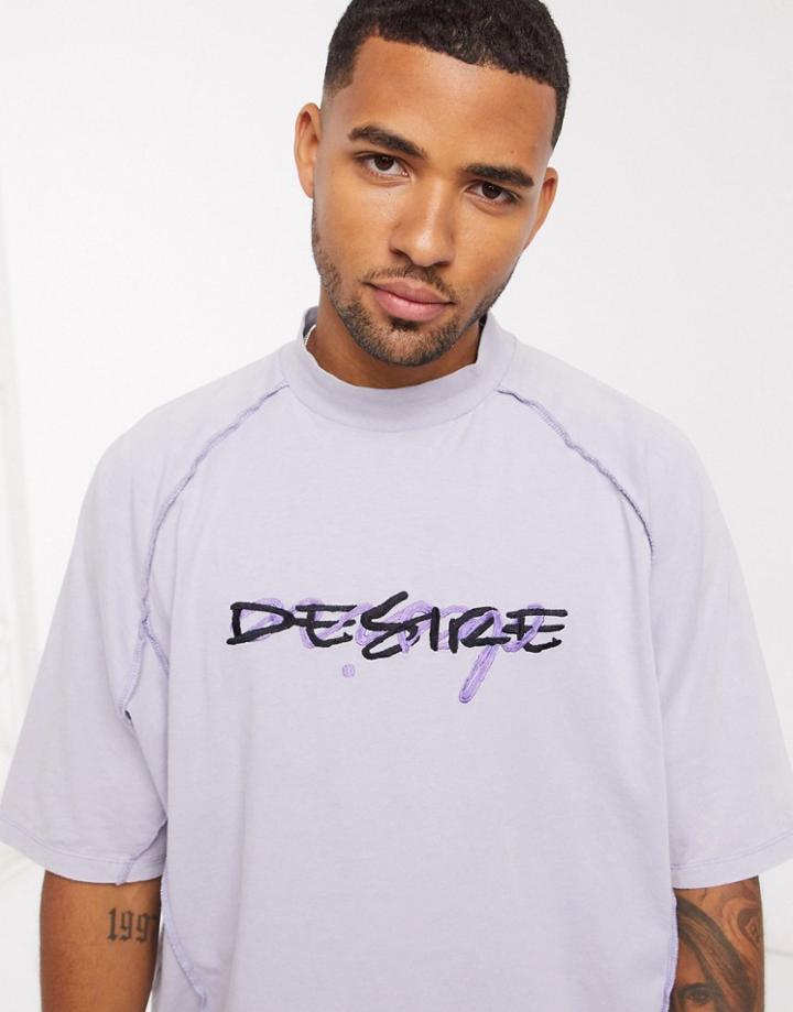 Asos Design Oversized T-shirt With Raglan Panel And Text Embroidery In Lilac Acid Wash-purple
