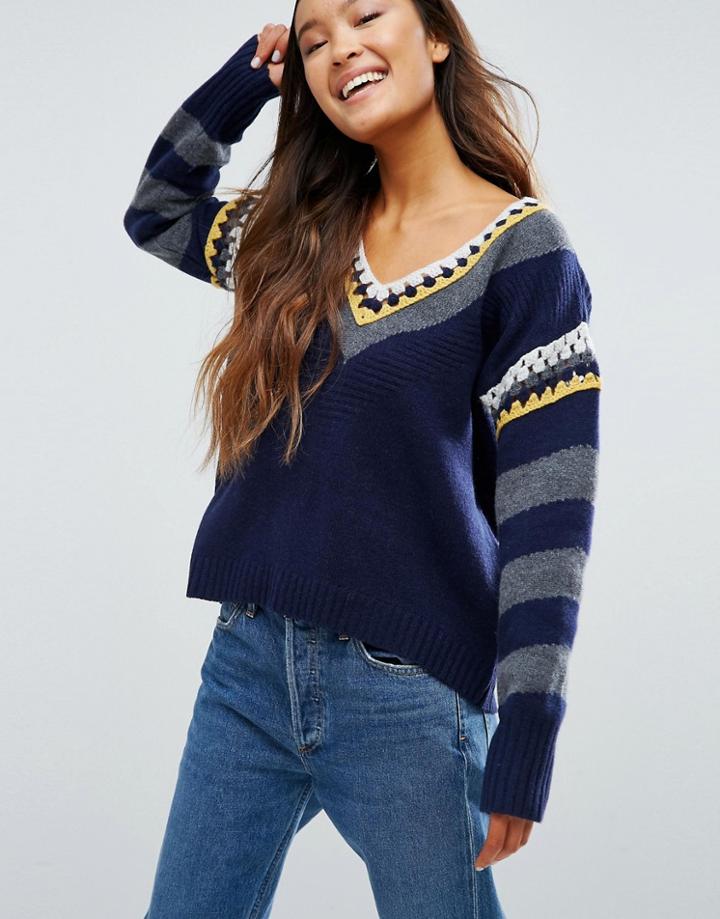 Shae Crochet V Neck Sweater - Navy