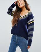 Shae Crochet V Neck Sweater - Navy