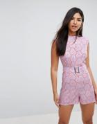 Asos Romper With High Neck And Belt In Retro Floral Print - Purple