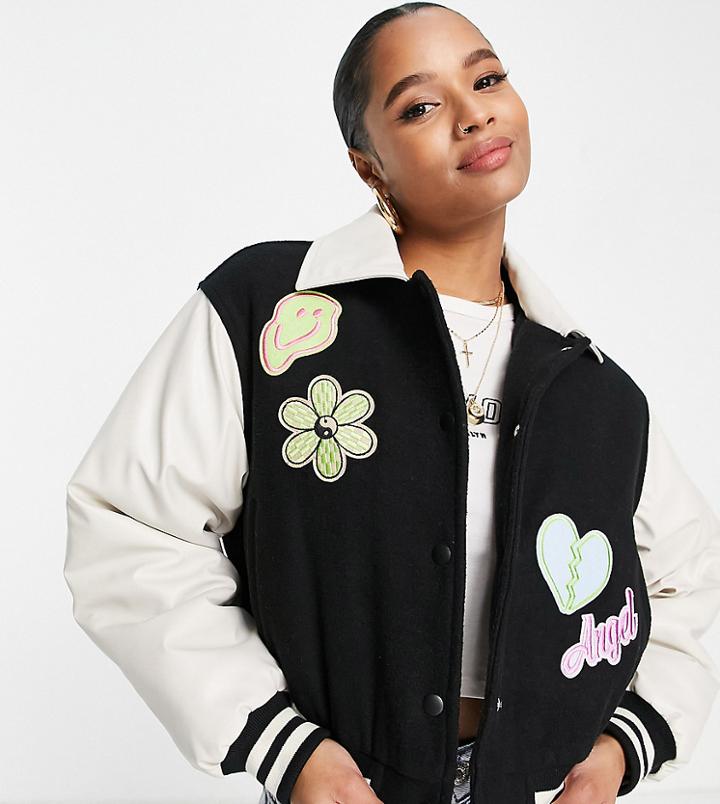 Asos Design Petite Cropped Varsity Bomber Jacket In Black-blue