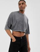 Asos Design Cropped Oversized T-shirt With Half Sleeve In Acid Wash-gray
