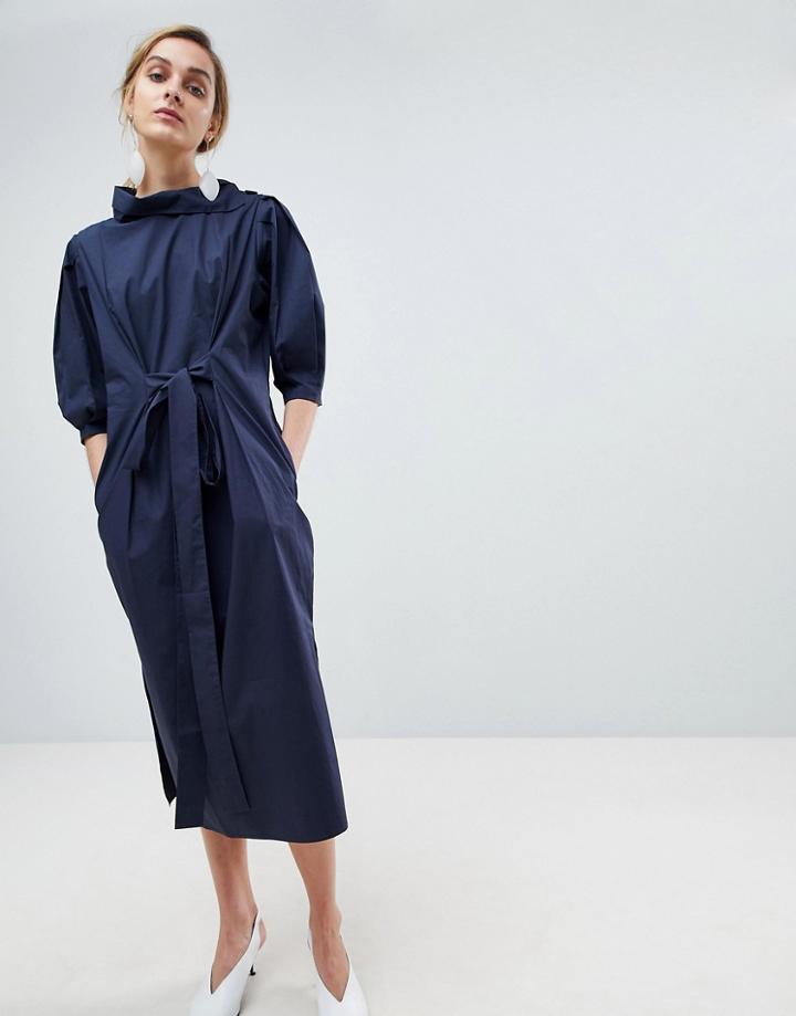 Asos White Tie Waist Midi Dress - Navy