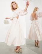 Asos Edition Midi Dress With Pleat Waist Detail And Blouson Sleeve In Seashell-pink