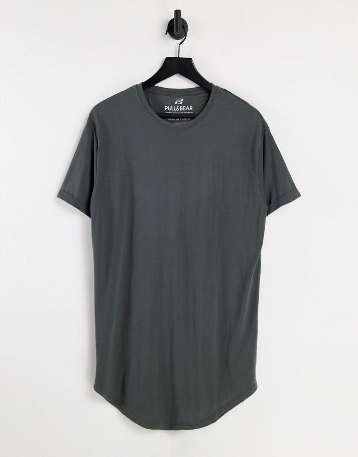 Pull & Bear Longline T-shirt In Dark Beige-neutral