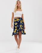 Qed London Ruffle Wrap Skirt In Floral - Navy