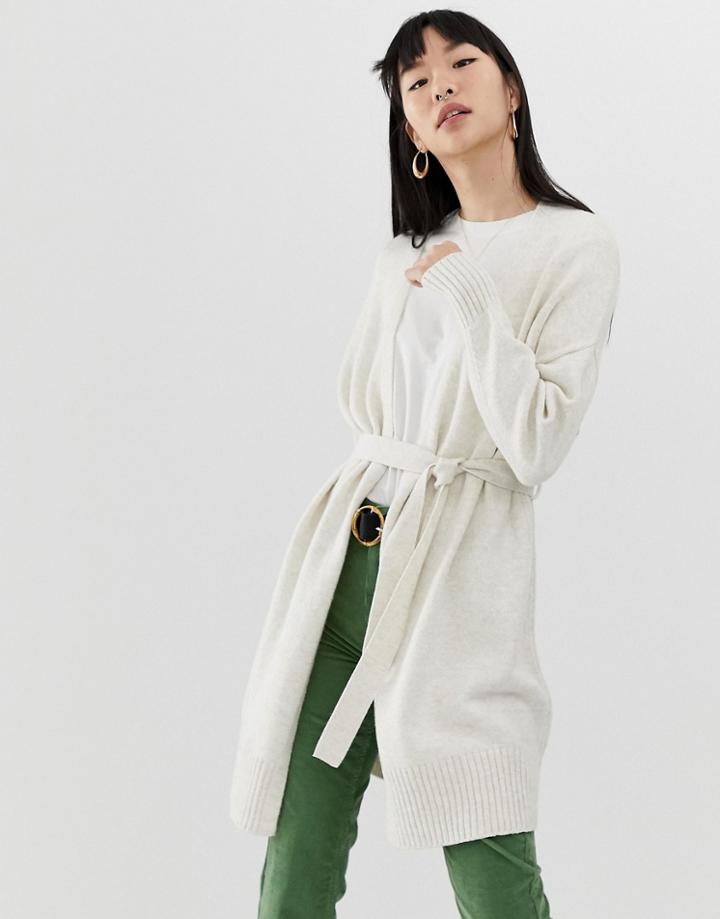 Asos Design Long Cardigan With Belt Detail - Stone