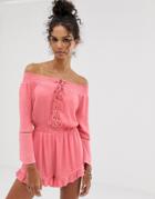 En Cr Me Romper With Ruffle And Lace Up Detail - Pink