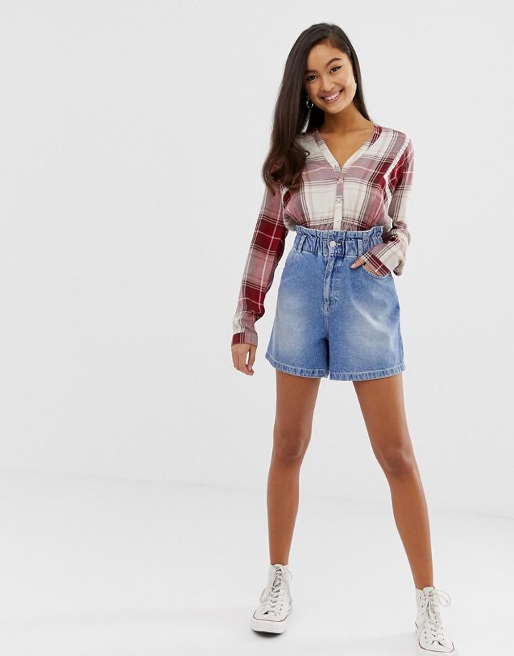 Miss Selfridge Denim Shorts With Elasticated Waist In Mid Wash - Blue