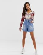 Miss Selfridge Denim Shorts With Elasticated Waist In Mid Wash - Blue