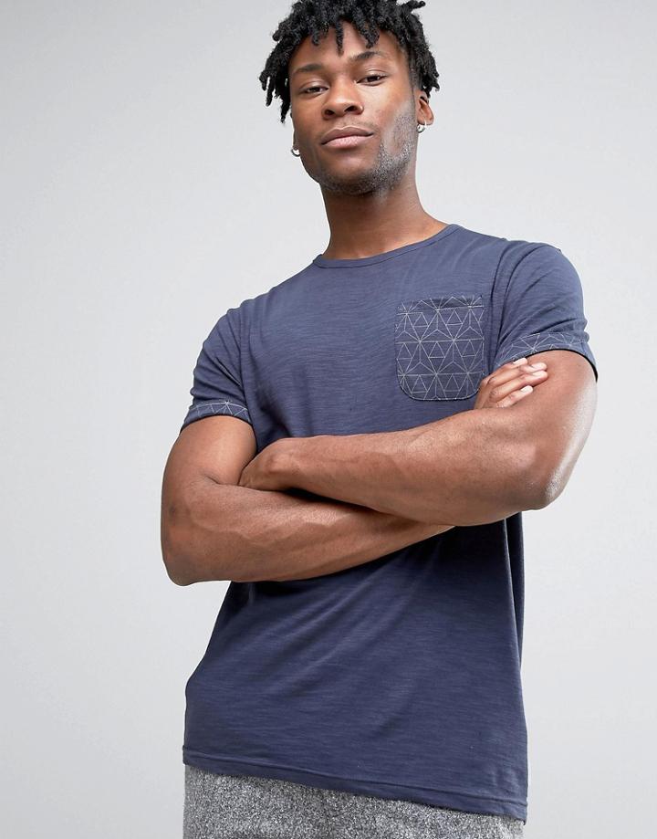 Bellfield T-shirt With Rolled Sleeves And Geometric Print Pocket - Gre