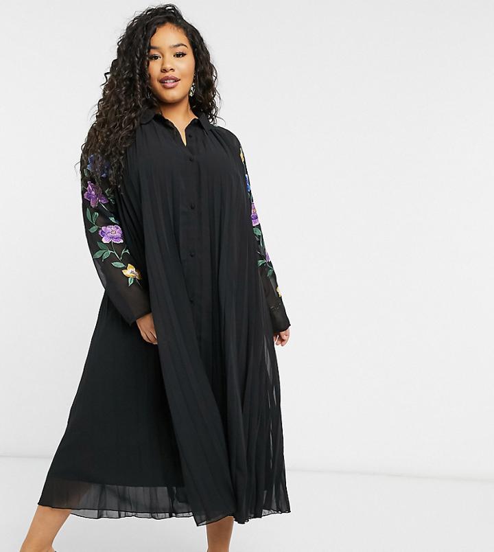 Asos Design Curve Pleated Midi Shirt Dress With Embroidered Sleeves In Black