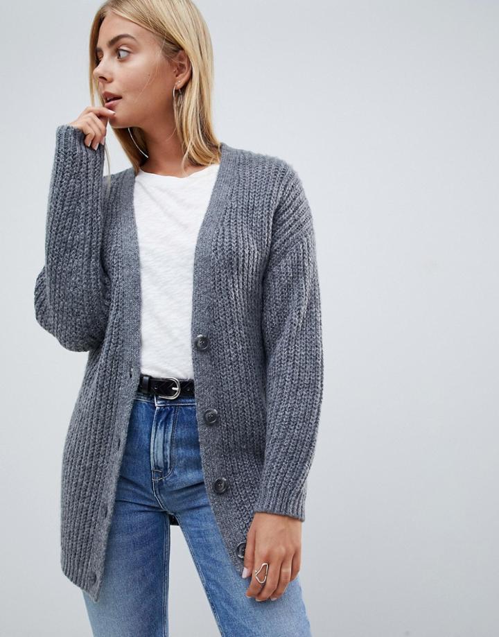 Asos Design Oversize Cardigan In Chunky Rib With Buttons-gray