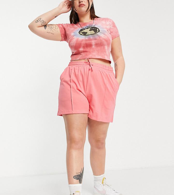 Asos Design Curve Organic Cotton Sweat Short With Pintuck In Coral-multi