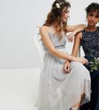 Maya Cami Strap Sequin Top Tulle Detail Midi Bridesmaid Dress-gray