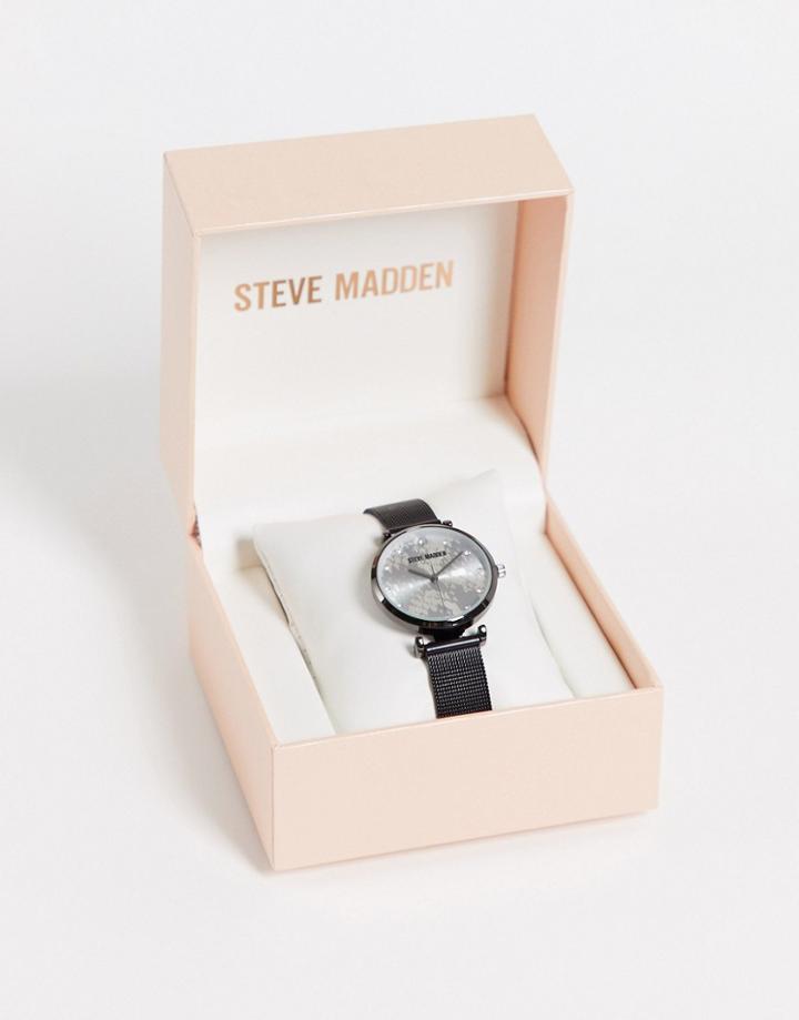 Steve Madden Watch With Snake Print Face And Black Mesh Strap