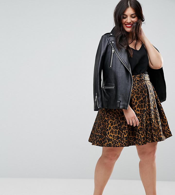 Asos Curve Skater Skirt With Belt In Animal Print Jacquard - Multi