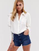 Asos Design Long Sleeve Shirt In Crinkle With Split Sleeve Detail - White