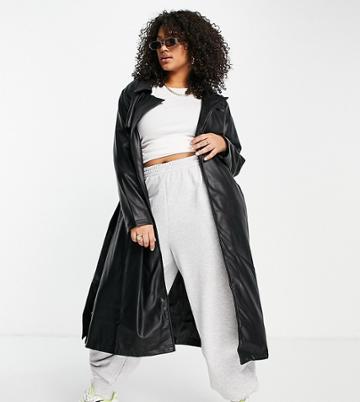 Missguided Plus Faux Leather Trench Coat In Black