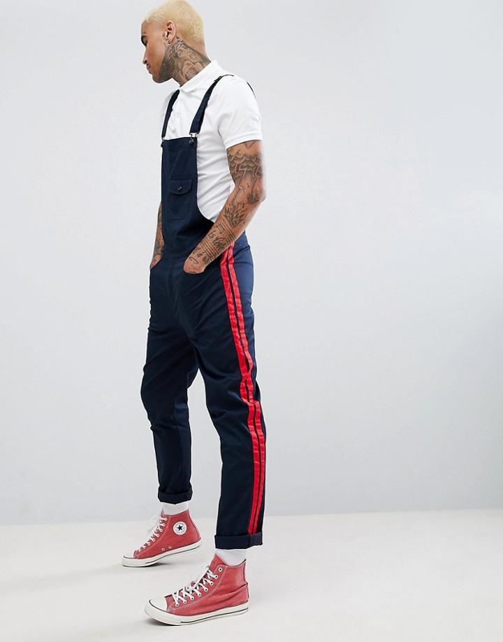 Asos Design Slim Overalls In Navy With Red Side Stripes - Navy
