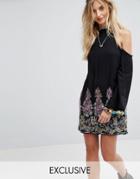 Kiss The Sky High Neck Swing Dress With Rainbow Embroidery And Pom Pom Trim - Black