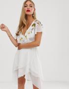 Asos Design Cape Back Dipped Hem Midi Dress With Embroidery-white