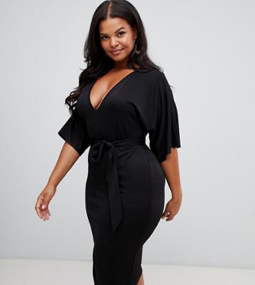 Prettylittlething Plus Tie Waist Plunge Midi Dress In Black - Black