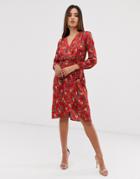 Ax Paris Chain Print Long Sleeve Midi Dress - Red