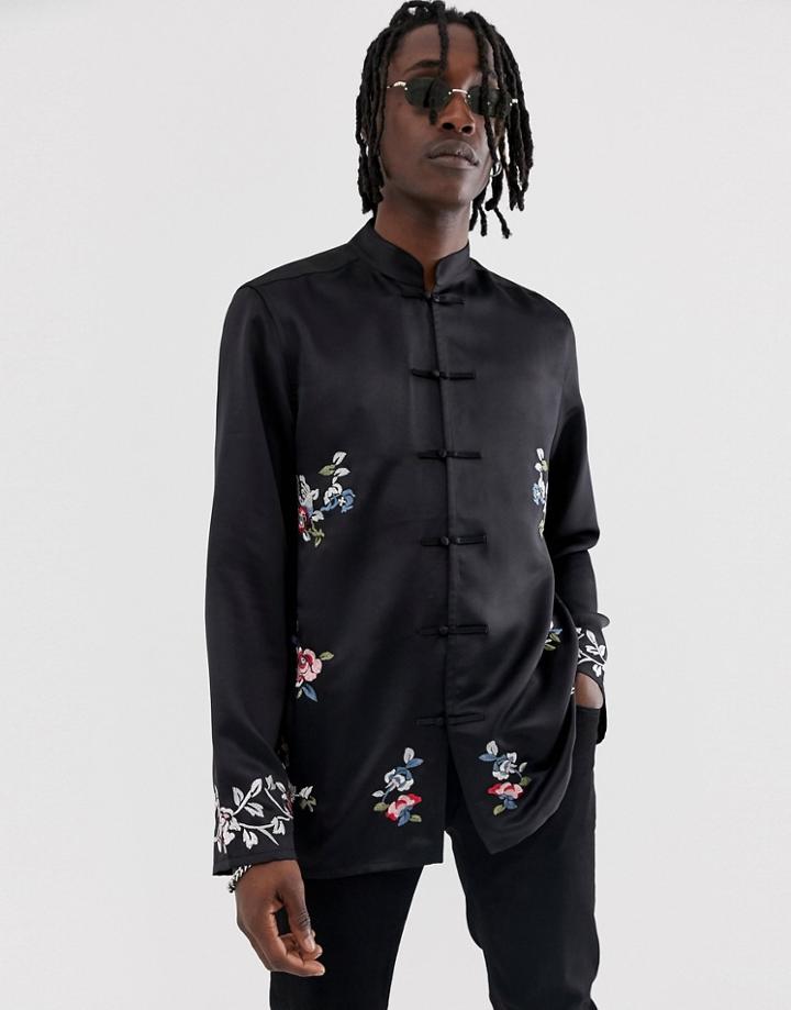 Asos Design Regular Fit Satin Manderin Collar Shirt With Embroidery - Black