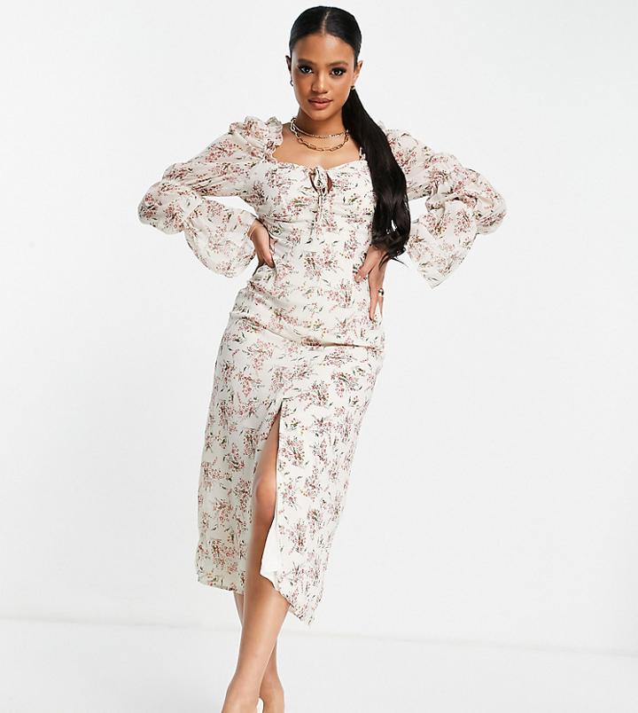 Missguided Maxi Dress With Tie Shoulder Detail In Cream Floral-white