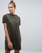Asos Design Slash Neck T-shirt Dress In Plisse - Green