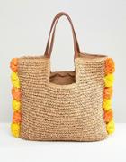 Chateau Pom Pom Trim Straw Beach Bag - Beige