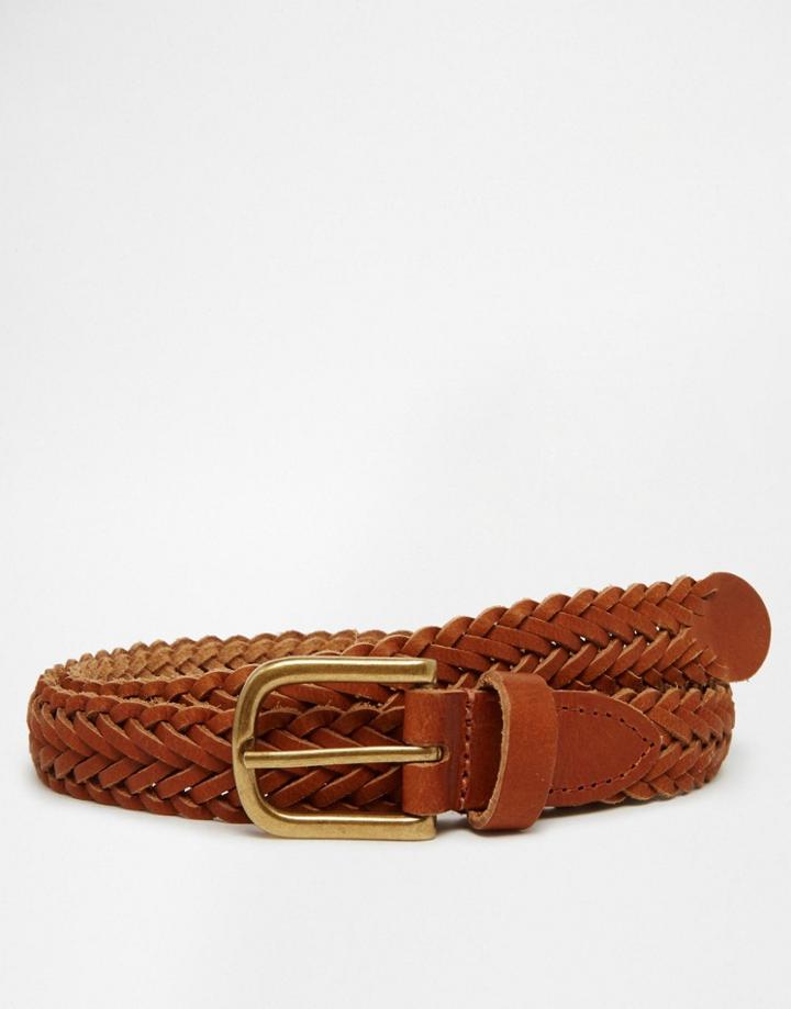 Asos Super Skinny Leather Plaited Belt In Tan - Tan