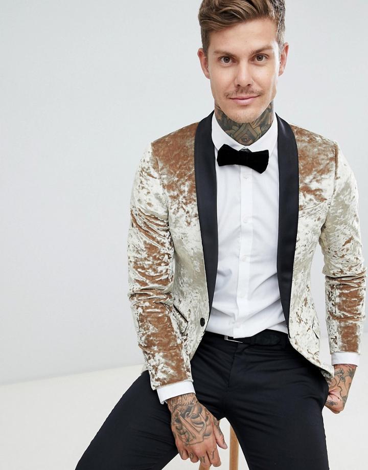 Twisted Tailor Super Skinny Tuxedo Blazer In Gold Crushed Velvet - Gold