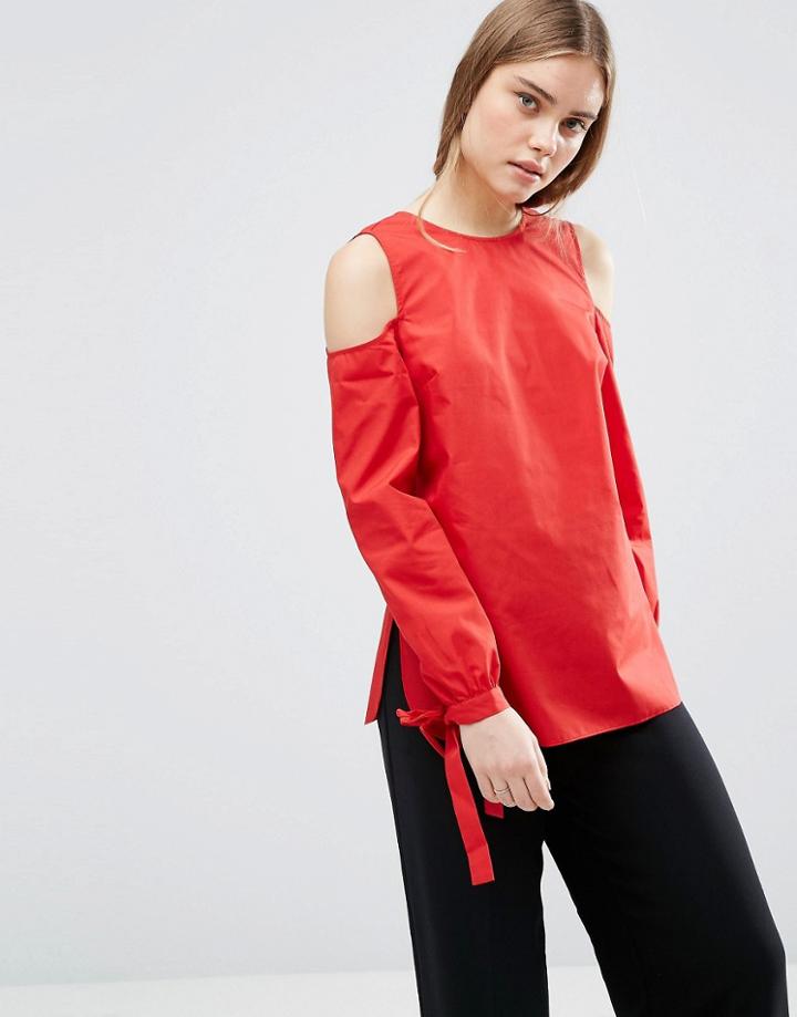Asos Cold Shoulder Top In Cotton With Tie Cuff Detail - Red