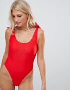 South Beach Red Tie Shoulder High Leg Swimsuit - Red