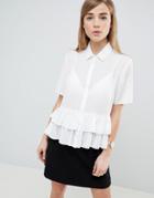 Asos Design Short Sleeve Soft Shirt With Double Ruffle Hem - White