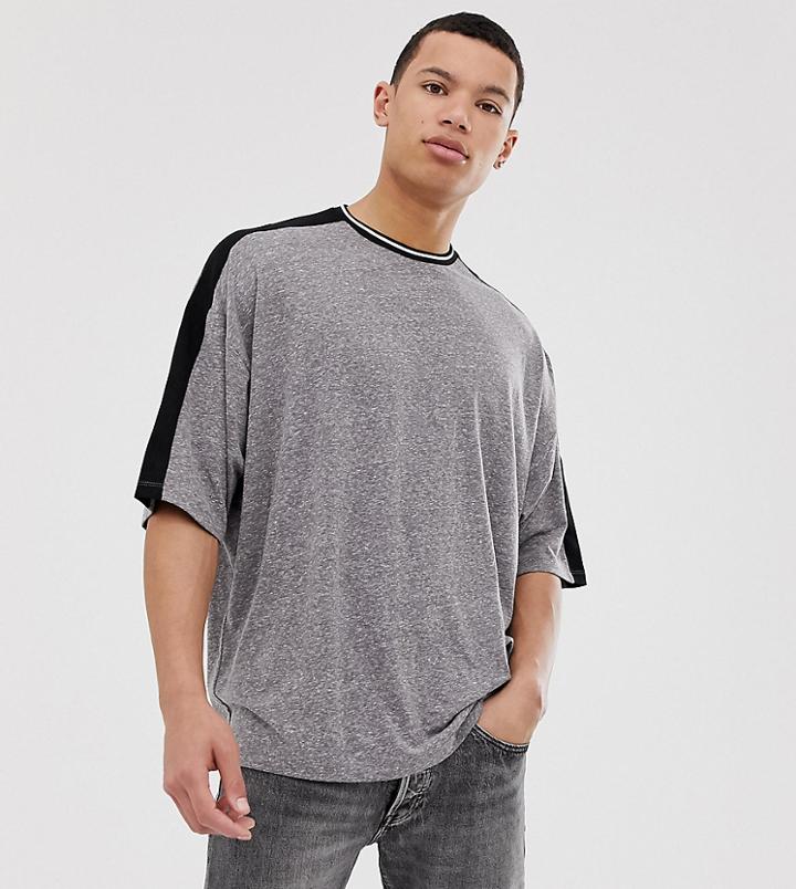 Asos Design Tall Oversized T-shirt With Half Sleeve And Contrast Shoulder Taping In Interest Fabric-gray