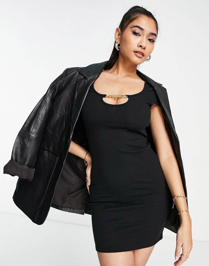 Asos Design Ribbed Mini Dress With Chain Trim In Black